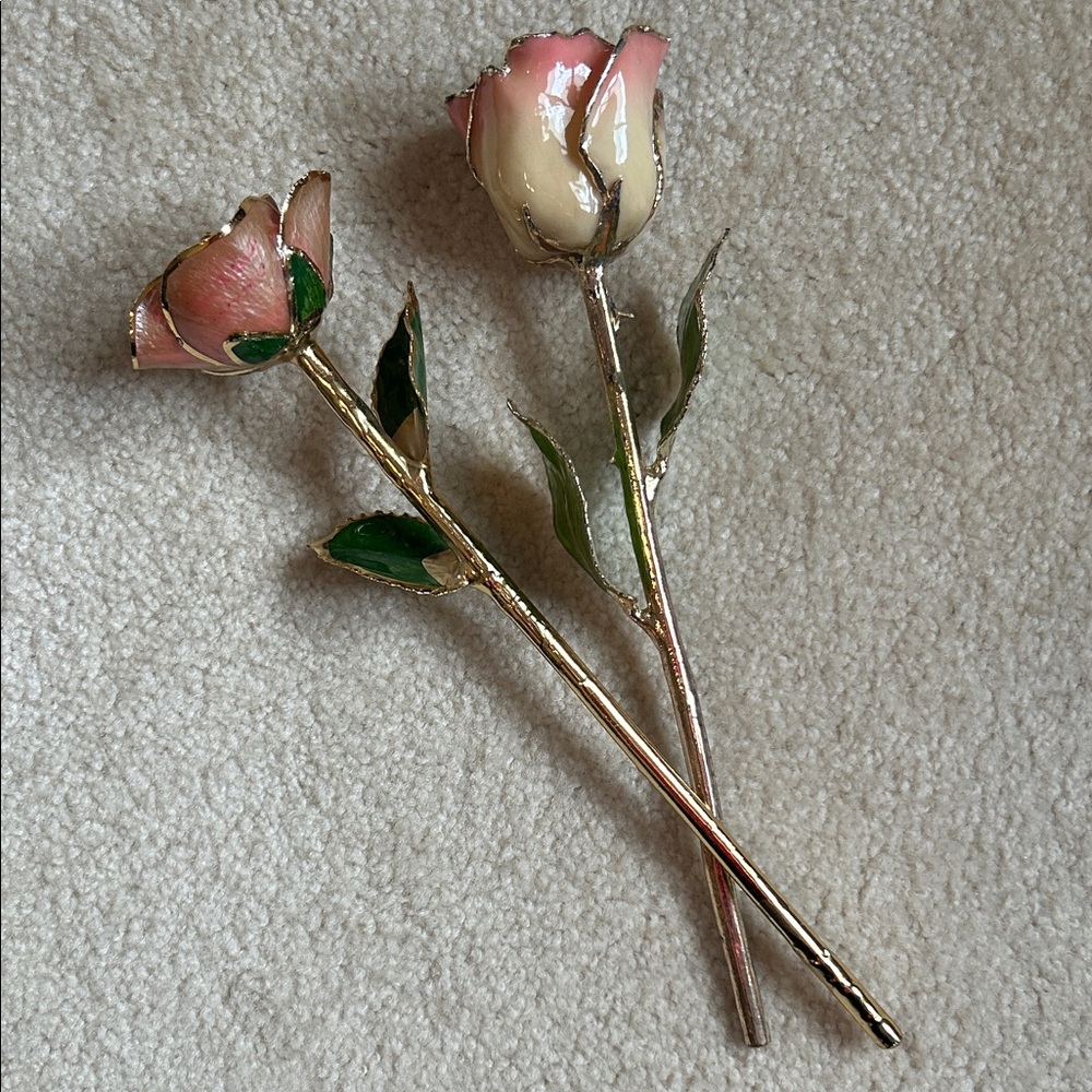 Elegant Pink and Cream Enamel Roses, Faux Floral Stems